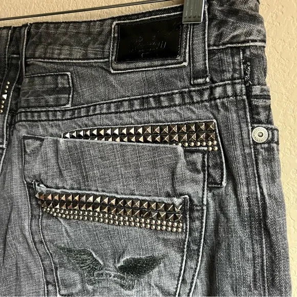 Robin's Jean Men's Raw Denim Straight Leg Black Jeans with Studs, size 38